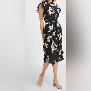 EUC Ralph Lauren Black & Orange Floral Dress Ruffled-Hem Crepe Dress Sz 10 *Q18